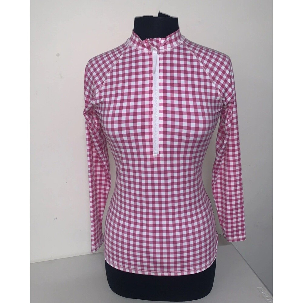 NWT J. McLaughlin McKenzie 1/4 Zip Rash Guard Pink Cabana Gingham Women’s Small
